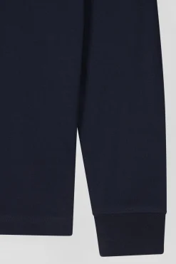 Slim navy blue long-sleeved cotton piqué polo shirt