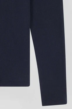 Slim navy blue long-sleeved V-neck cotton T-shirt