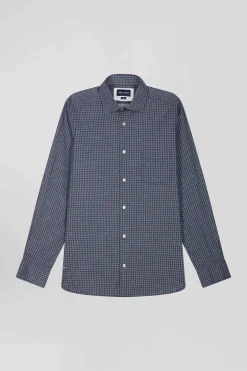 Slim navy blue micro checked cotton shirt