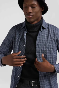 Slim navy blue micro checked cotton shirt