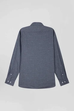Slim navy blue micro checked cotton shirt