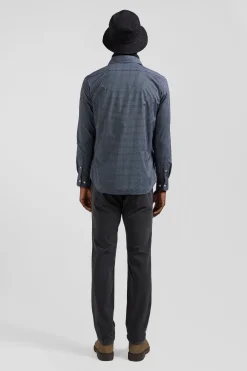 Slim navy blue micro checked cotton shirt