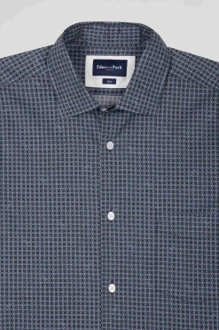 Slim navy blue micro checked cotton shirt