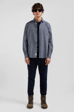 Slim navy blue microprint cotton shirt