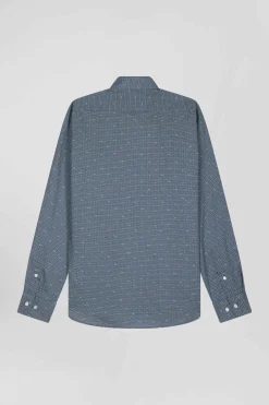 Slim navy blue microprint cotton shirt