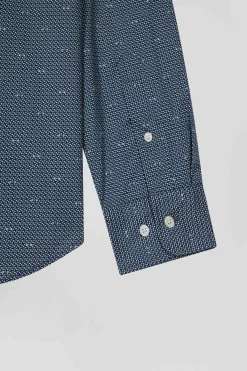 Slim navy blue microprint cotton shirt