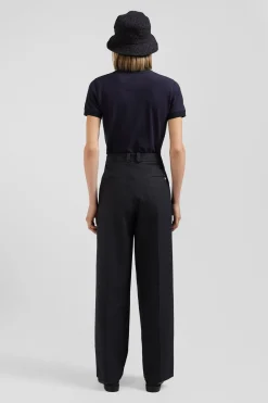 Slim navy blue plain stretch cotton short-sleeved polo shirt
