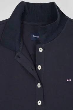 Slim navy blue plain stretch cotton short-sleeved polo shirt