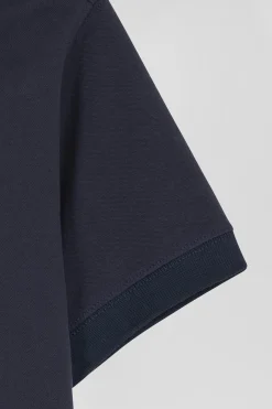 Slim navy blue plain stretch cotton short-sleeved polo shirt