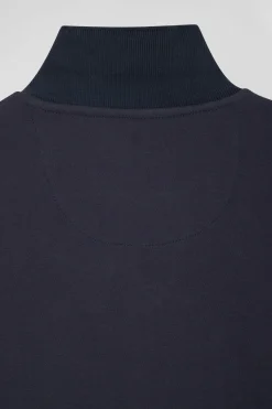 Slim navy blue plain stretch cotton short-sleeved polo shirt