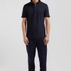 Slim navy blue short-sleeved cotton piqué polo shirt