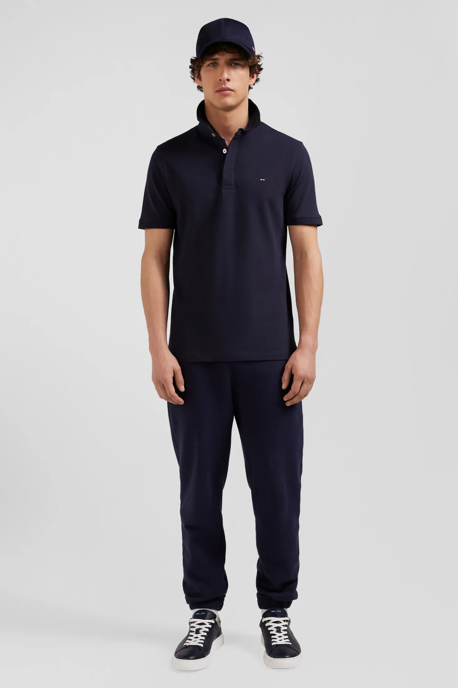 Slim navy blue short-sleeved cotton piqué polo shirt