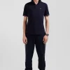 Slim navy blue short-sleeved stretch cotton polo shirt with Eden Park jacquard collar