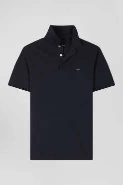 Slim navy blue short-sleeved cotton piqué polo shirt