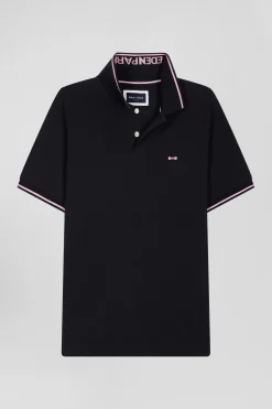 Slim navy blue short-sleeved stretch cotton polo shirt with Eden Park jacquard collar