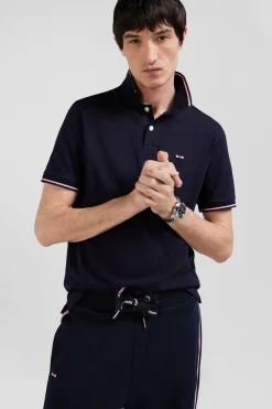 Slim navy blue short-sleeved stretch cotton polo shirt with Eden Park jacquard collar