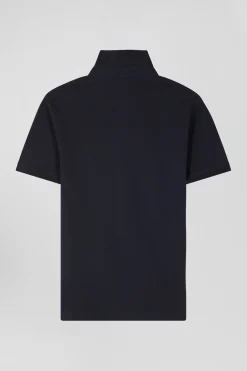 Slim navy blue short-sleeved cotton piqué polo shirt