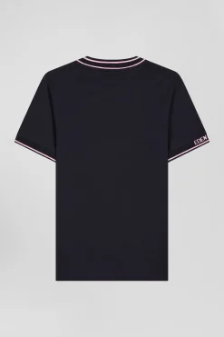 Slim navy blue short-sleeved cotton T-shirt with Eden Park ribs