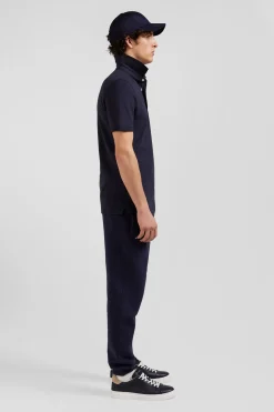 Slim navy blue short-sleeved cotton piqué polo shirt