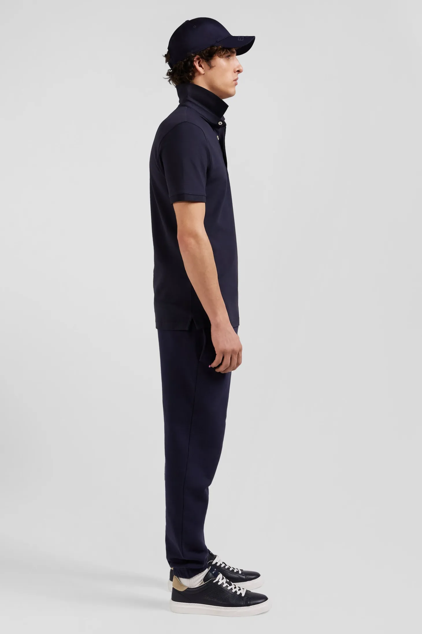 Slim navy blue short-sleeved cotton piqué polo shirt