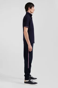Slim navy blue short-sleeved stretch cotton polo shirt with Eden Park jacquard collar