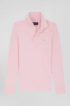 Slim pink long-sleeved cotton piqué polo shirt