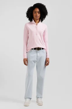Slim pink long-sleeved stretch cotton polo shirt