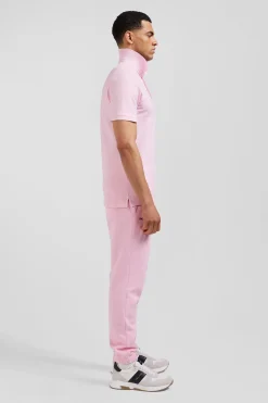Slim pink short-sleeved stretch cotton polo shirt