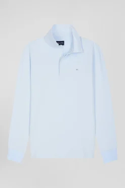 Slim sky blue long-sleeved cotton piqué polo shirt