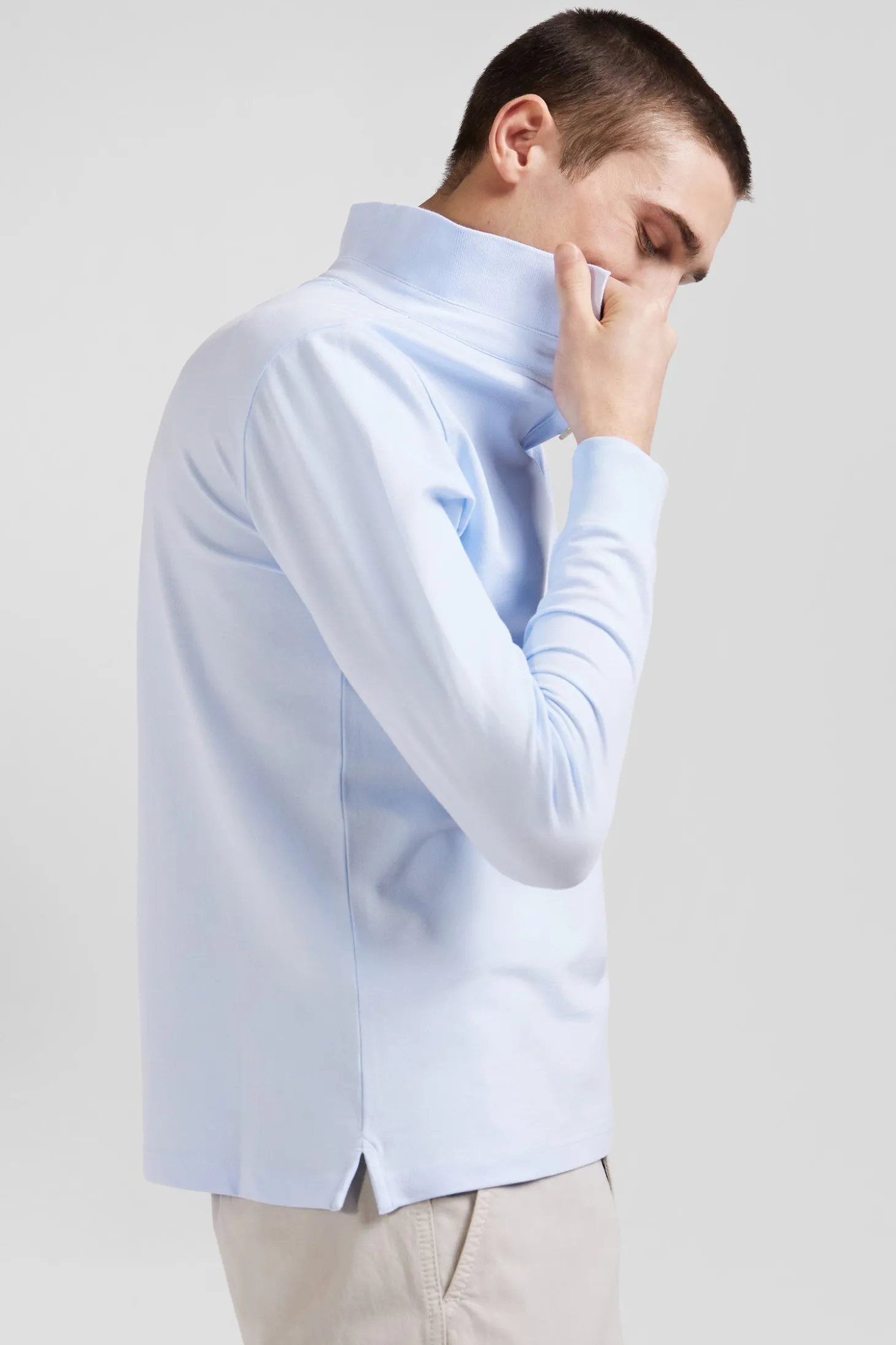 Slim sky blue long-sleeved cotton piqué polo shirt