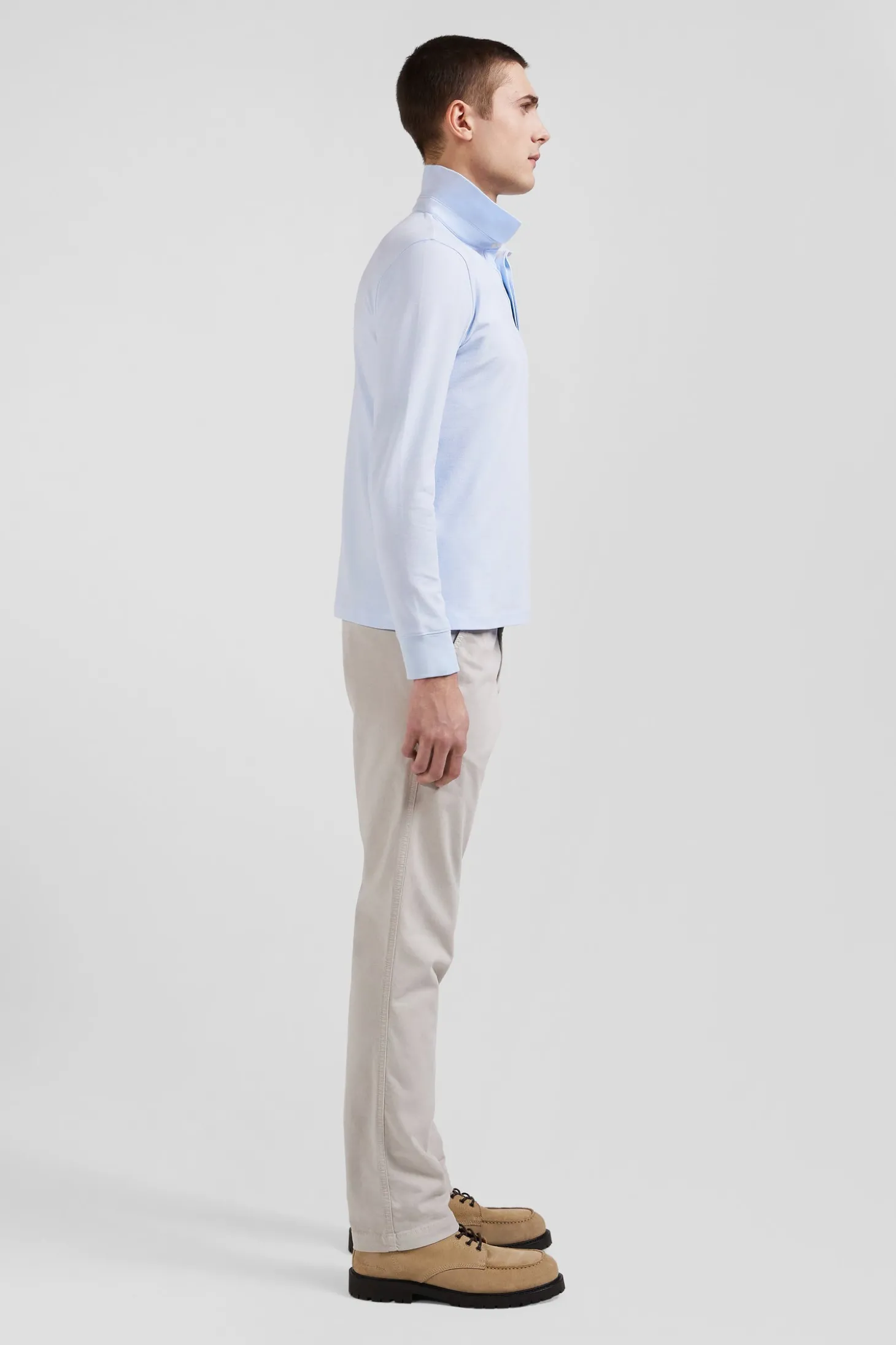 Slim sky blue long-sleeved cotton piqué polo shirt