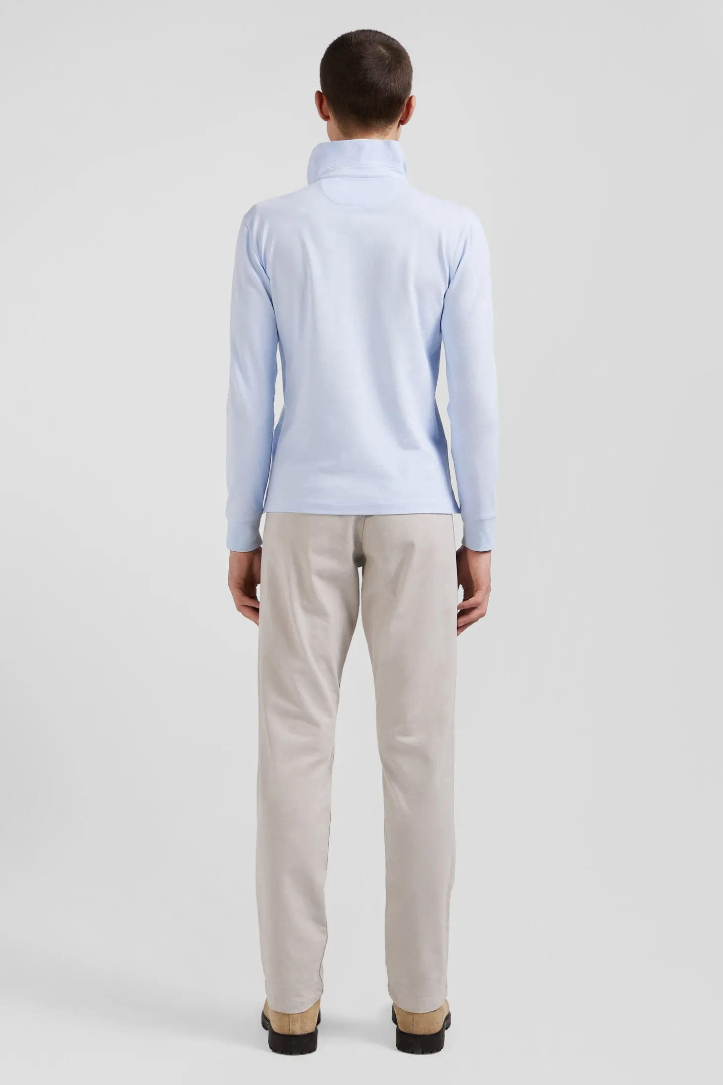 Slim sky blue long-sleeved cotton piqué polo shirt
