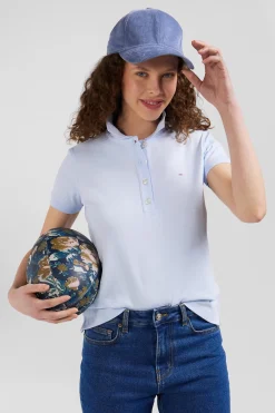 Slim sky blue plain stretch cotton short-sleeved polo shirt