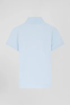 Slim sky blue plain stretch cotton short-sleeved polo shirt