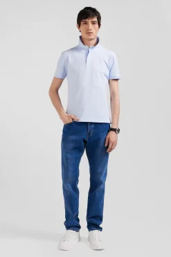 Slim sky blue short-sleeved stretch cotton polo shirt