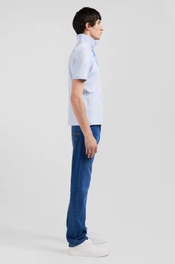 Slim sky blue short-sleeved stretch cotton polo shirt