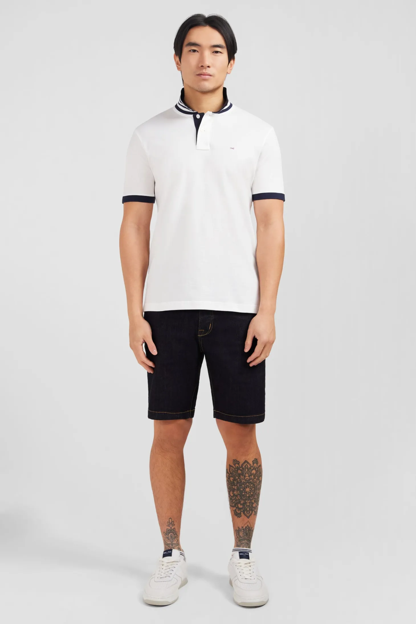 White pima cotton polo with contrasting accents