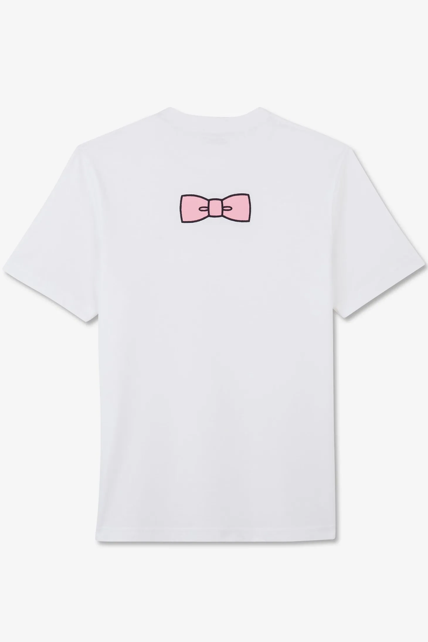White T-shirt with embroidered bow tie on the back